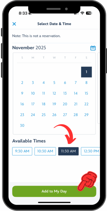 Pointers indicate how to select the date and showtime