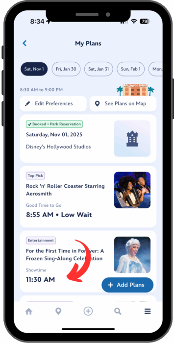 The selected showtime appears on the Frozen Sing-Along card on the My Plans screen