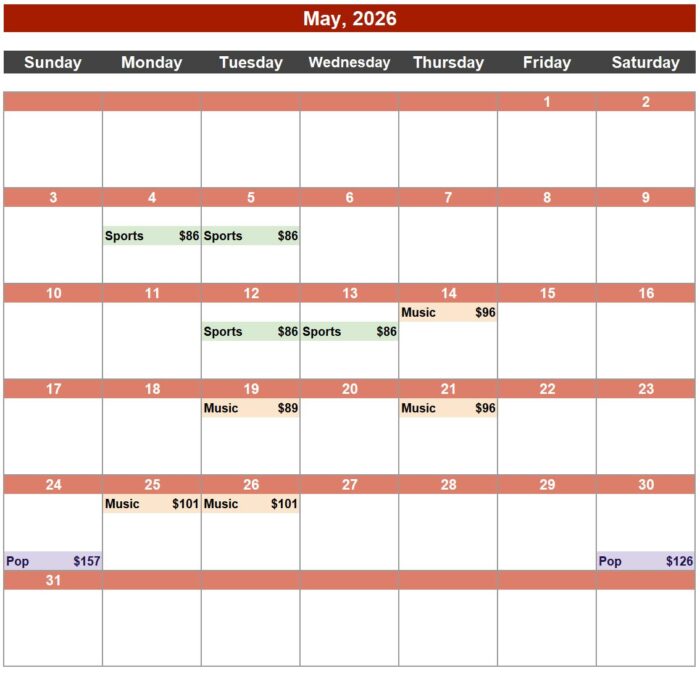 Priceline hidden deals calendar for May 2026