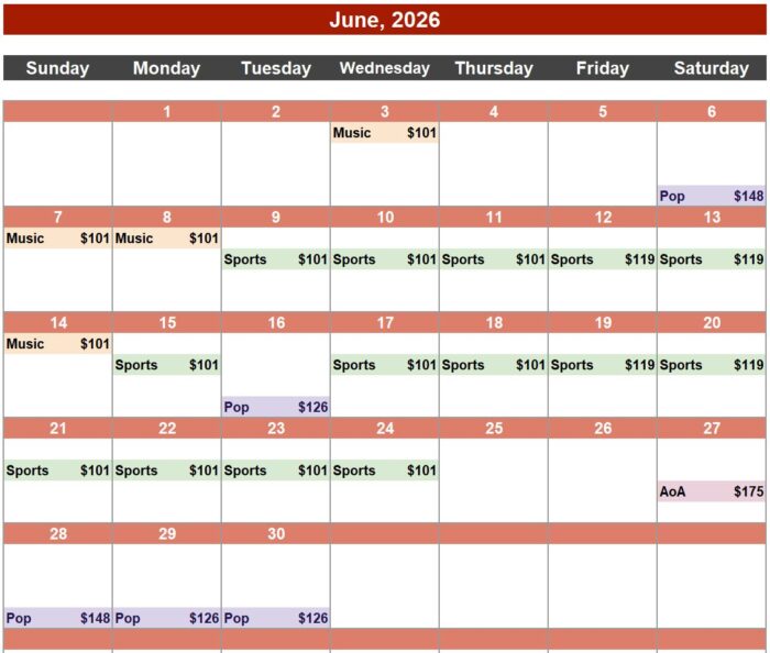Priceline hidden deals calendar for June 2026