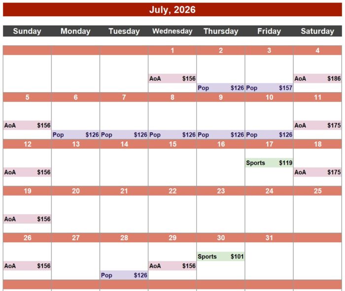 Priceline hidden deals calendar for July 2026