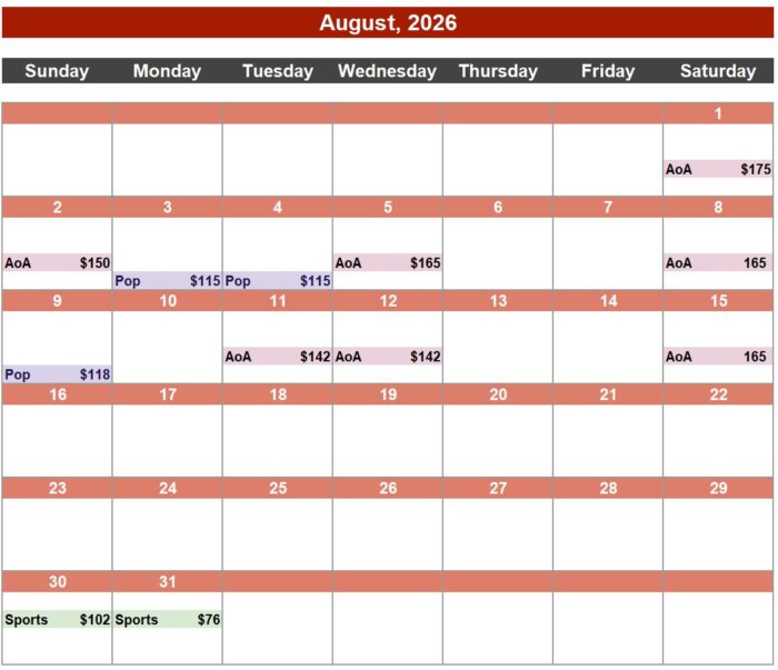 Priceline hidden deals calendar for August 2026