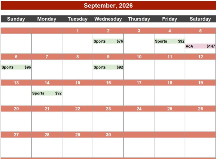 Priceline hidden deals calendar for September 2026