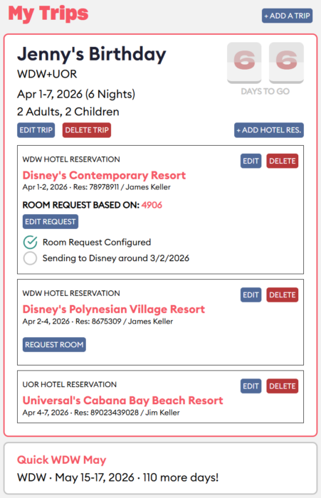 TouringPlans Dashboard Trips