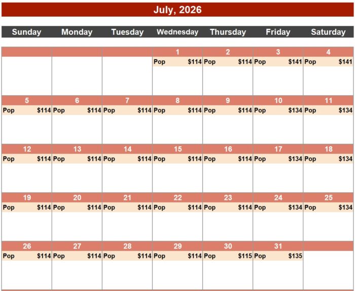 Priceline Hidden Deals Calendar July 2026