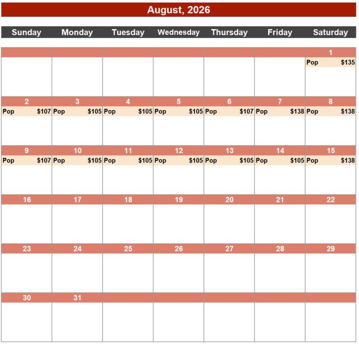 Priceline Hidden Deals Calendar August 2026