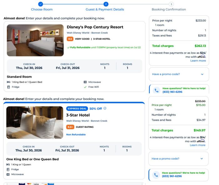 Priceline example cart prices