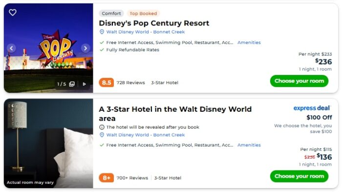 Priceline search results: Pop Century regular and hidden deal