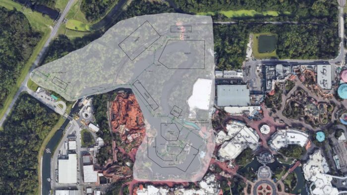 Aerial overview of where the buildings for Villains Land and Piston Peak will go in the Magic Kingdom.