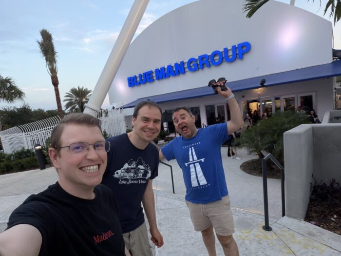 The crew at Blue Man Orlando. Patrick, Jeff, and me. (L to R)